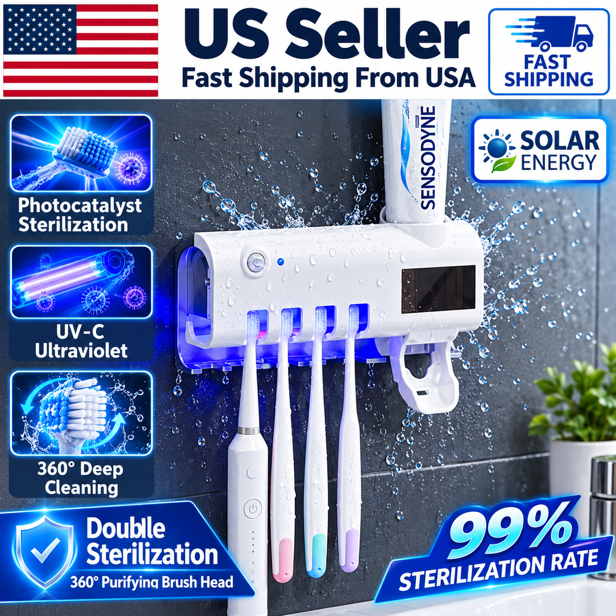 UV Light Sterilizer Toothbrush Holder Cleaner & Automatic Toothpaste Dispenser