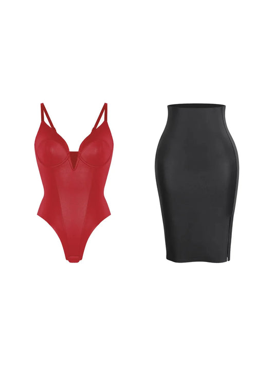 Shapewear Deep V-Neck Leather Bodysuit Slit Midi Skirt Set