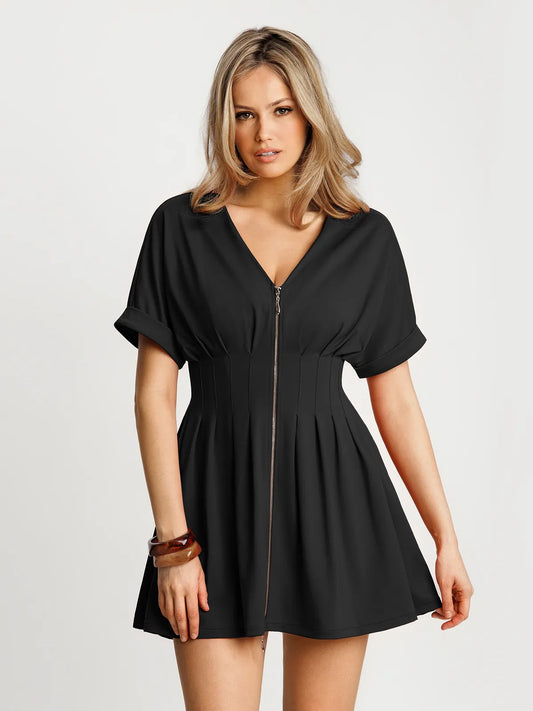 Deep V Zip Front Two-Piece Sculpting Mini Dress