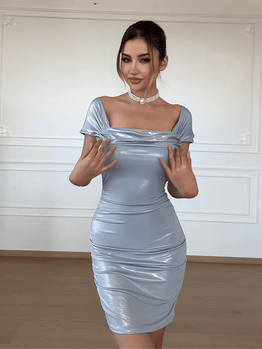Metallic Off-The Shoulder Ruched Sculpting Tummy Control Mini Dress