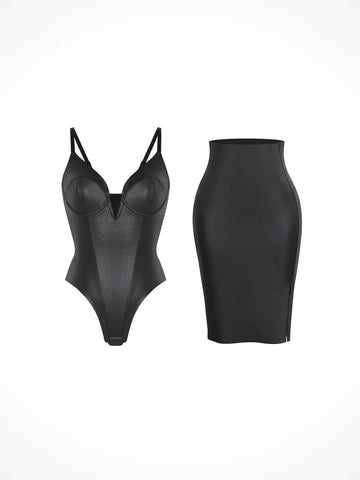 Shapewear Deep V-Neck Leather Bodysuit Slit Midi Skirt Set