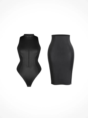 Shapewear Mock Neck Leather Sculpting Bodysuit Skirt Set