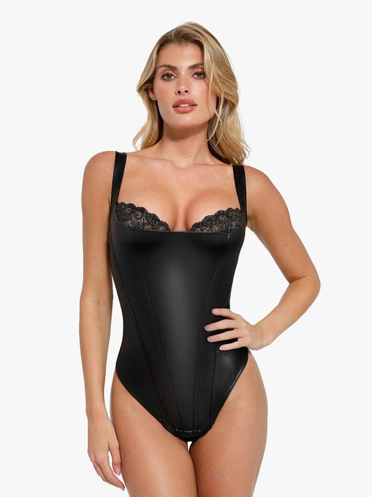 Shapewear Sculpting Faux Leather Lace Bodysuit Skirt Set