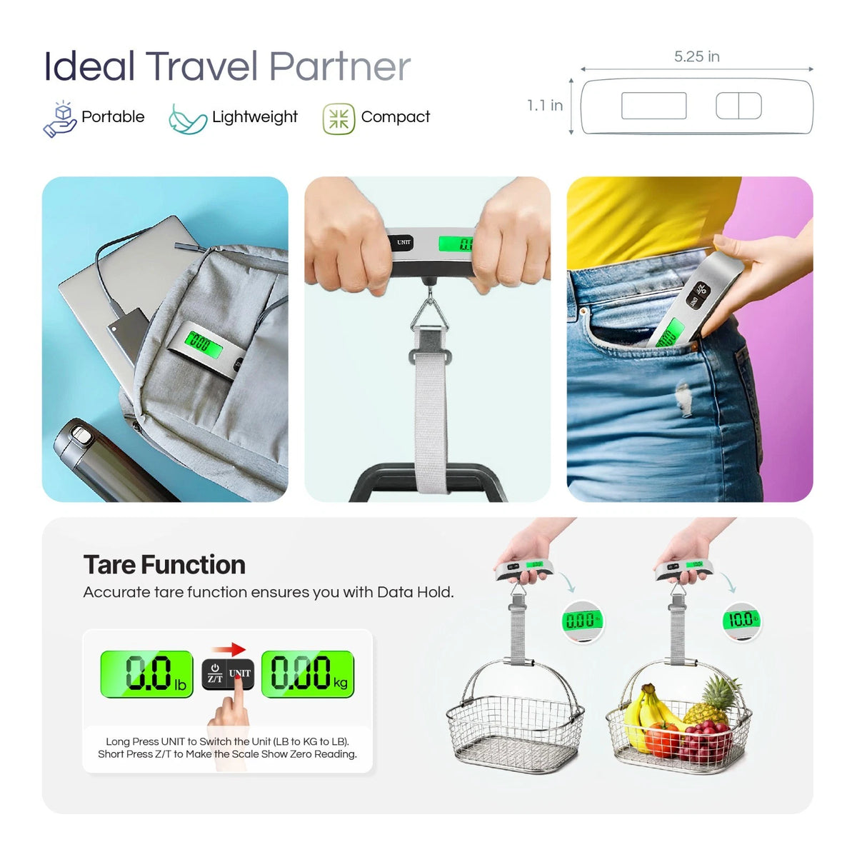 Digital Luggage Scale 110 lb/50 kg, Portable Suitcase Weight Scale + Backlit LCD